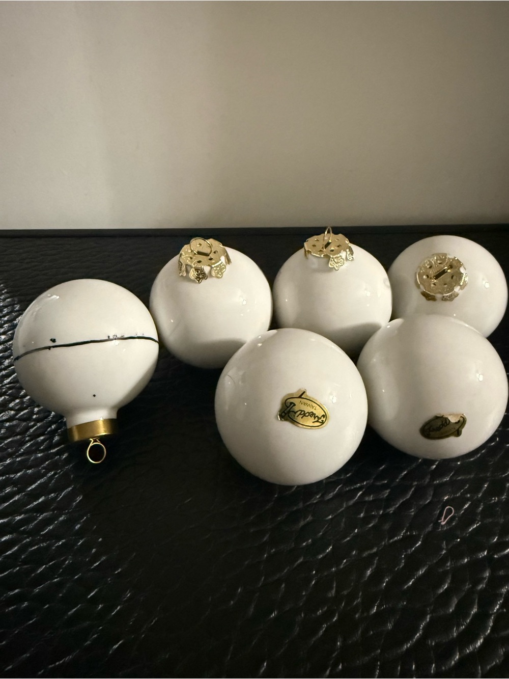 Freddy White Ceramic Holiday Ornaments with Gold Caps made in Taiwan.